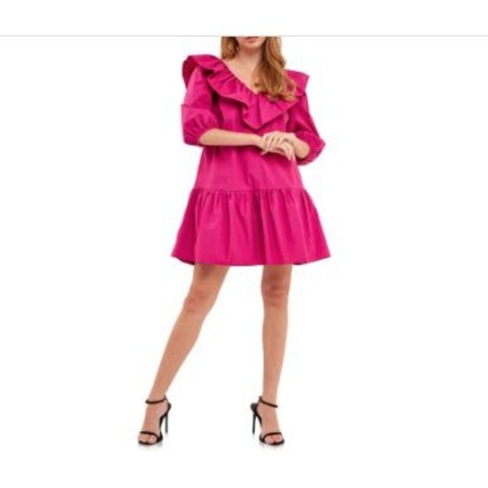 English Factory‎ Women's Long Sleeve V Ruffled Mini Dress Berry Size XS